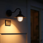 A photograph of a stylish porch light with an integrated outlet