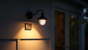 A photograph of a stylish porch light with an integrated outlet