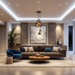 A photograph of a beautifully designed basement space featuring a variety of innovative lighting solutions