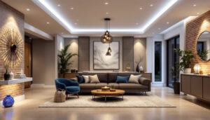 A photograph of a beautifully designed basement space featuring a variety of innovative lighting solutions
