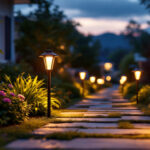 A photograph of a beautifully illuminated pathway lined with modern solar pathway lights at dusk