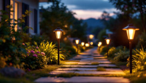 A photograph of a beautifully illuminated pathway lined with modern solar pathway lights at dusk