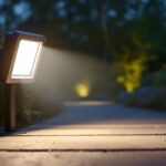 A photograph of a well-lit outdoor space featuring a modern motion flood light in action