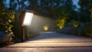 A photograph of a well-lit outdoor space featuring a modern motion flood light in action