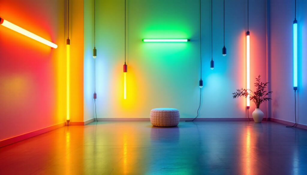A photograph of a beautifully designed room illuminated by various fluorescent bulbs