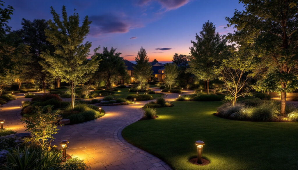 A photograph of a beautifully illuminated outdoor landscape at dusk