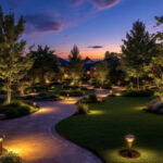 A photograph of a beautifully illuminated outdoor landscape at dusk