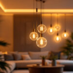 A photograph of a beautifully designed lamp chandelier illuminated in a stylish interior setting