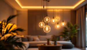 A photograph of a beautifully designed lamp chandelier illuminated in a stylish interior setting