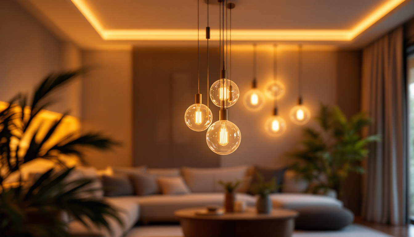 A photograph of a beautifully designed lamp chandelier illuminated in a stylish interior setting