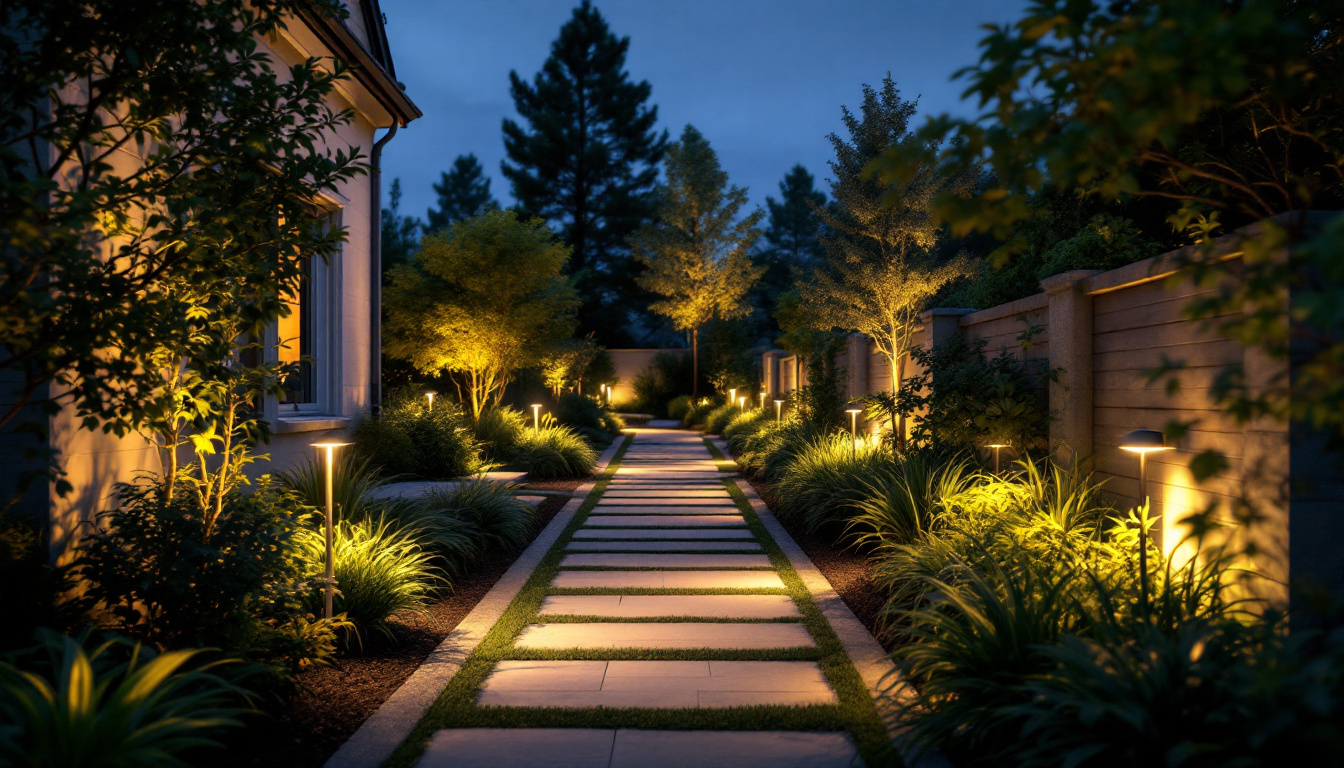 A photograph of a beautifully illuminated outdoor space featuring various landscaping lights that highlight plants and pathways