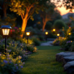A photograph of a beautifully landscaped garden illuminated by various solar lamps at dusk