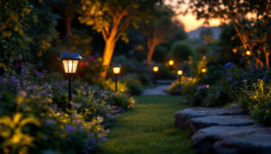 A photograph of a beautifully landscaped garden illuminated by various solar lamps at dusk