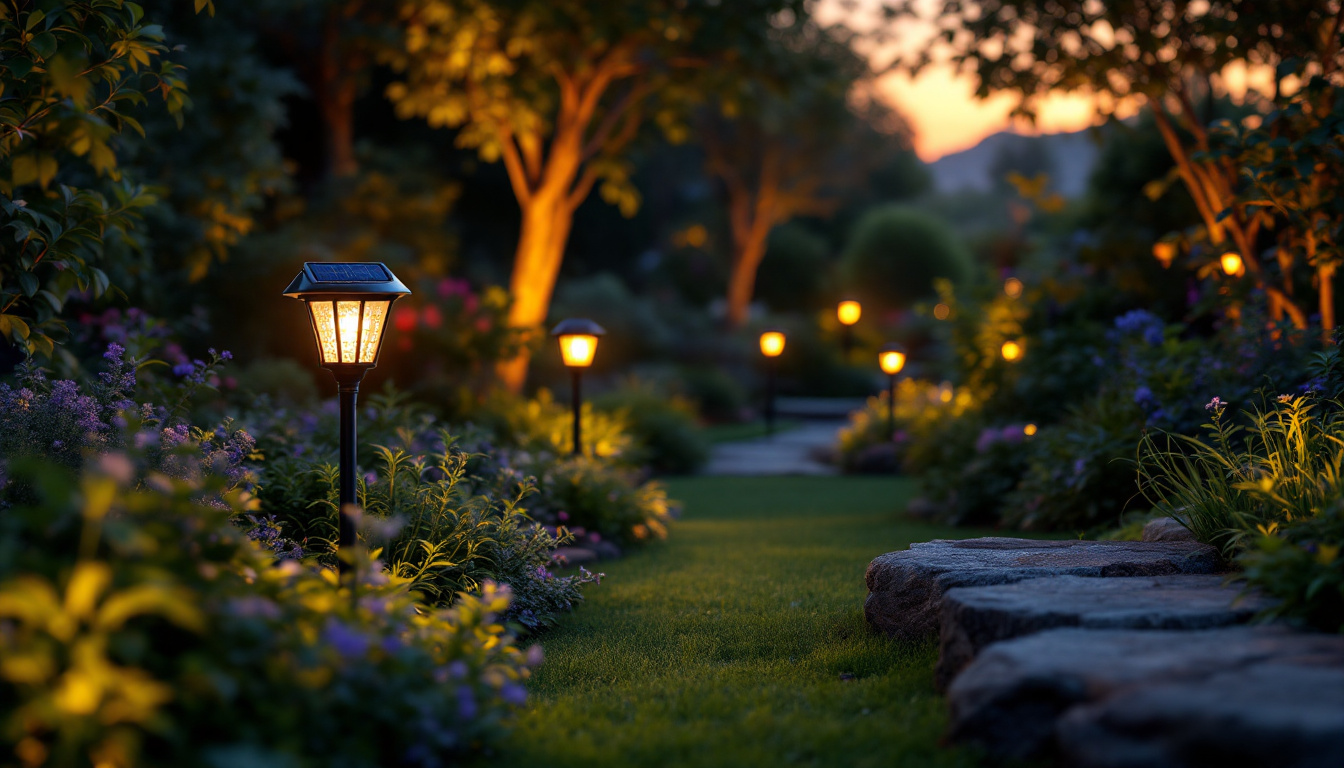 A photograph of a beautifully landscaped garden illuminated by various solar lamps at dusk
