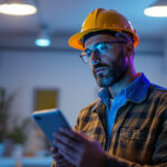A photograph of a lighting contractor examining a poorly lit indoor space