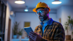 A photograph of a lighting contractor examining a poorly lit indoor space