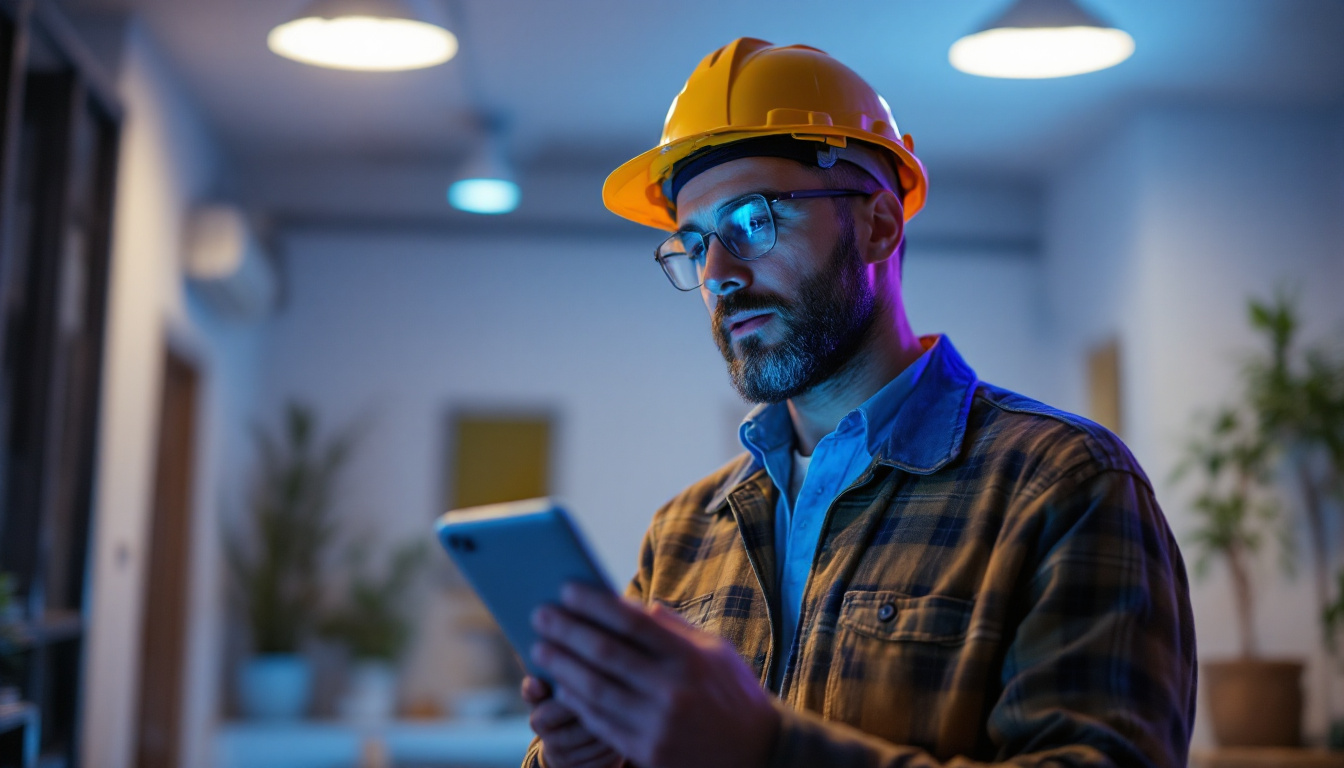 A photograph of a lighting contractor examining a poorly lit indoor space