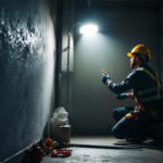 A photograph of a lighting contractor expertly installing led work lights in a dimly lit workspace