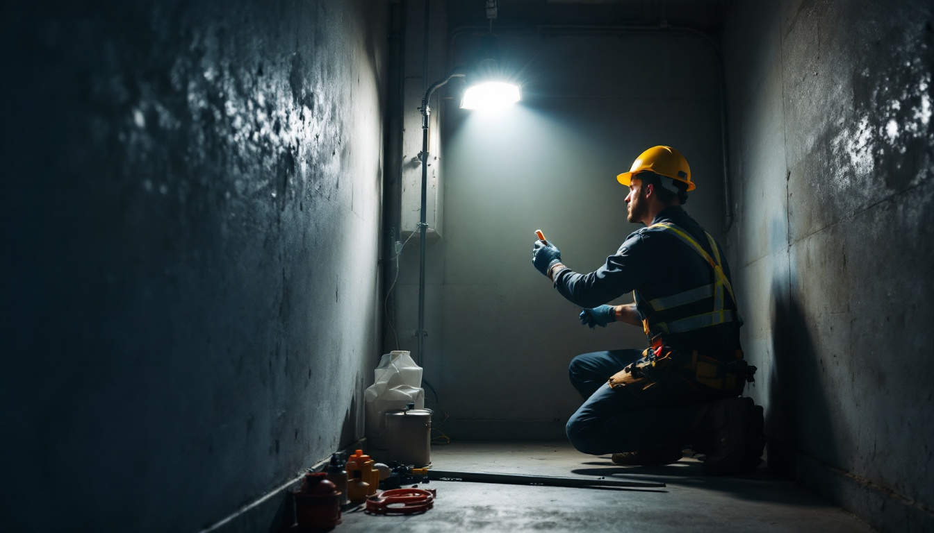 A photograph of a lighting contractor expertly installing led work lights in a dimly lit workspace