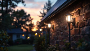 A photograph of a lighting contractor installing led solar lights in a residential outdoor setting