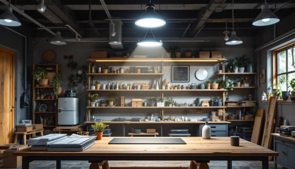 A photograph of a well-lit workshop or retail space showcasing a 4 ft led shop light in use
