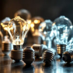 A photograph of a variety of light bulb sockets displayed alongside different types of light bulbs