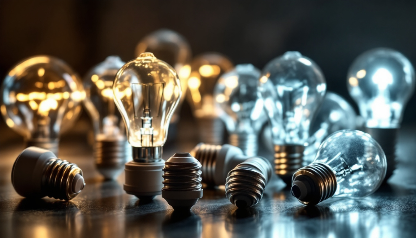 A photograph of a variety of light bulb sockets displayed alongside different types of light bulbs