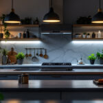 A photograph of a well-lit kitchen or workspace featuring stylish under counter lighting