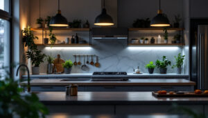 A photograph of a well-lit kitchen or workspace featuring stylish under counter lighting