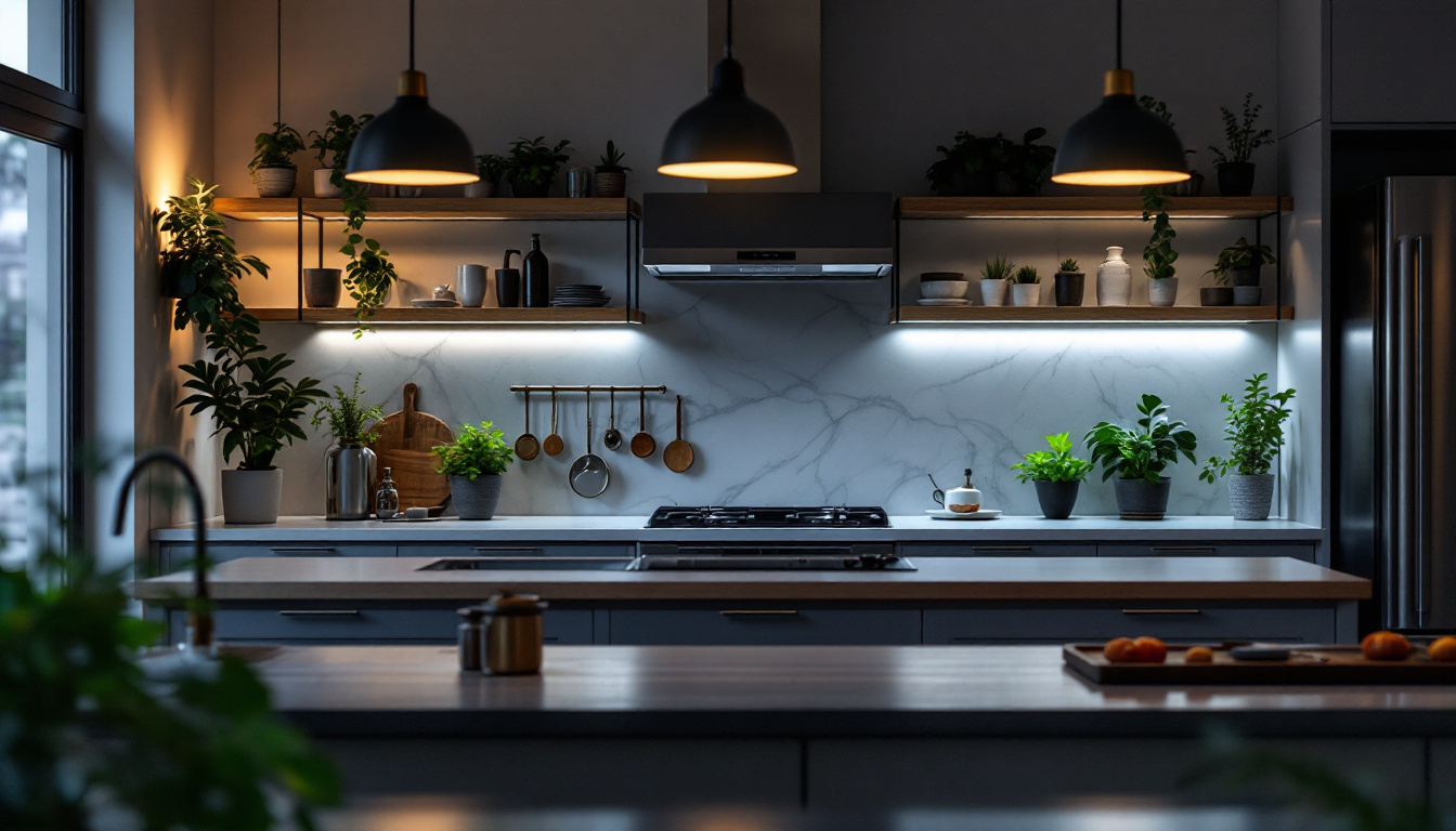 A photograph of a well-lit kitchen or workspace featuring stylish under counter lighting