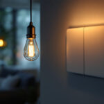 A photograph of a well-lit room showcasing a stylish light fixture installed before a double switch