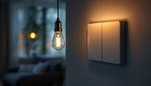 A photograph of a well-lit room showcasing a stylish light fixture installed before a double switch