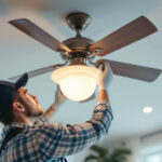 A photograph of a skilled technician replacing a globe on a stylish ceiling fan