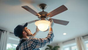 A photograph of a skilled technician replacing a globe on a stylish ceiling fan