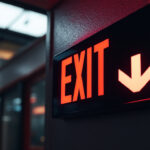 A photograph of capture a photograph of a well-lit emergency exit sign in a commercial building