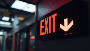 A photograph of capture a photograph of a well-lit emergency exit sign in a commercial building