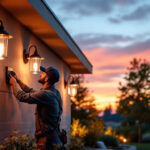 A photograph of a lighting contractor installing stylish outdoor lighting fixtures in a beautifully landscaped yard during the golden hour