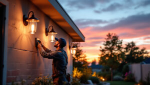 A photograph of a lighting contractor installing stylish outdoor lighting fixtures in a beautifully landscaped yard during the golden hour