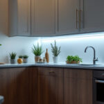 A photograph of a well-lit kitchen featuring stylish under-cabinet lighting that highlights the cabinetry and workspace