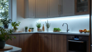 A photograph of a well-lit kitchen featuring stylish under-cabinet lighting that highlights the cabinetry and workspace