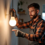 A photograph of a lighting contractor working with led light bulbs in a residential or commercial setting