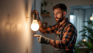 A photograph of a lighting contractor working with led light bulbs in a residential or commercial setting