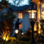 A photograph of a beautifully illuminated outdoor space featuring a stylish yard light