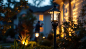 A photograph of a beautifully illuminated outdoor space featuring a stylish yard light