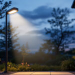 A photograph of a well-lit outdoor space showcasing a motion sensor lamp in action