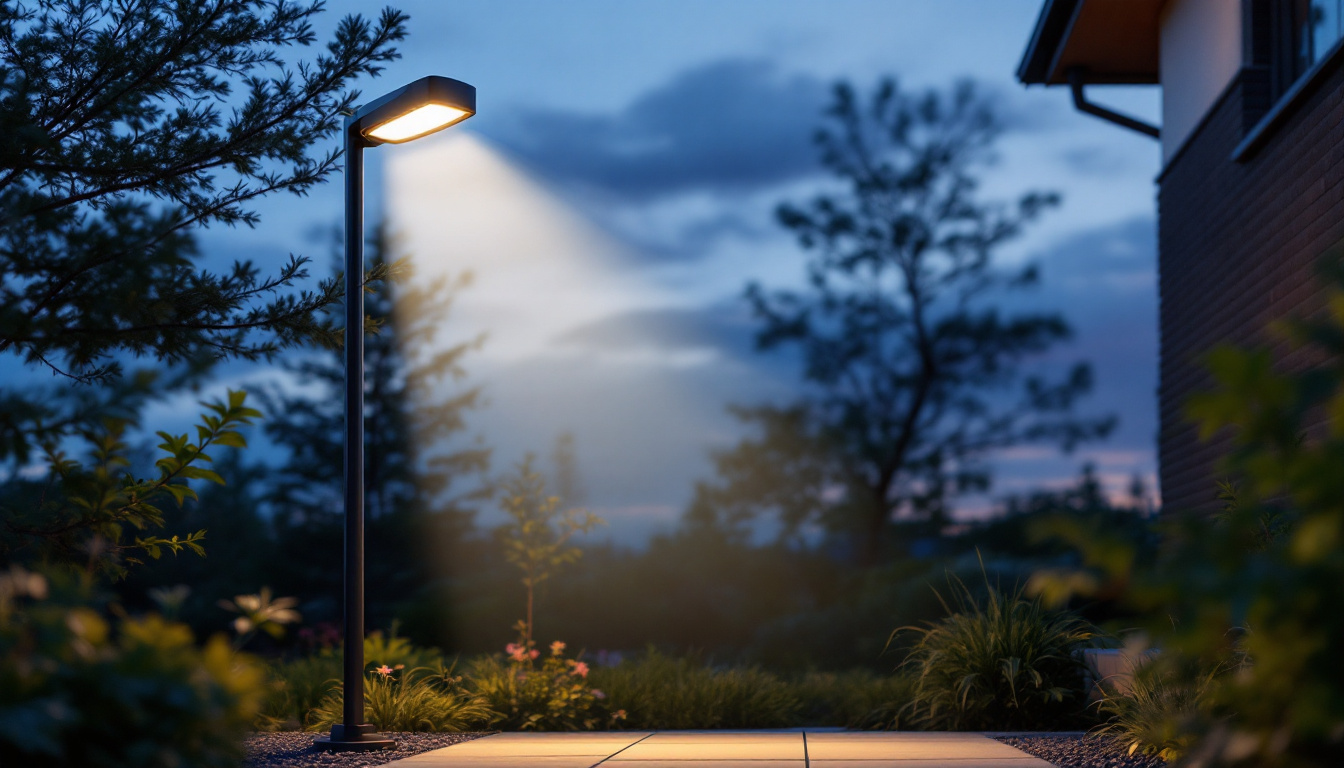 A photograph of a well-lit outdoor space showcasing a motion sensor lamp in action
