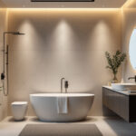 A photograph of a modern bathroom featuring stylish recessed lighting that highlights the space