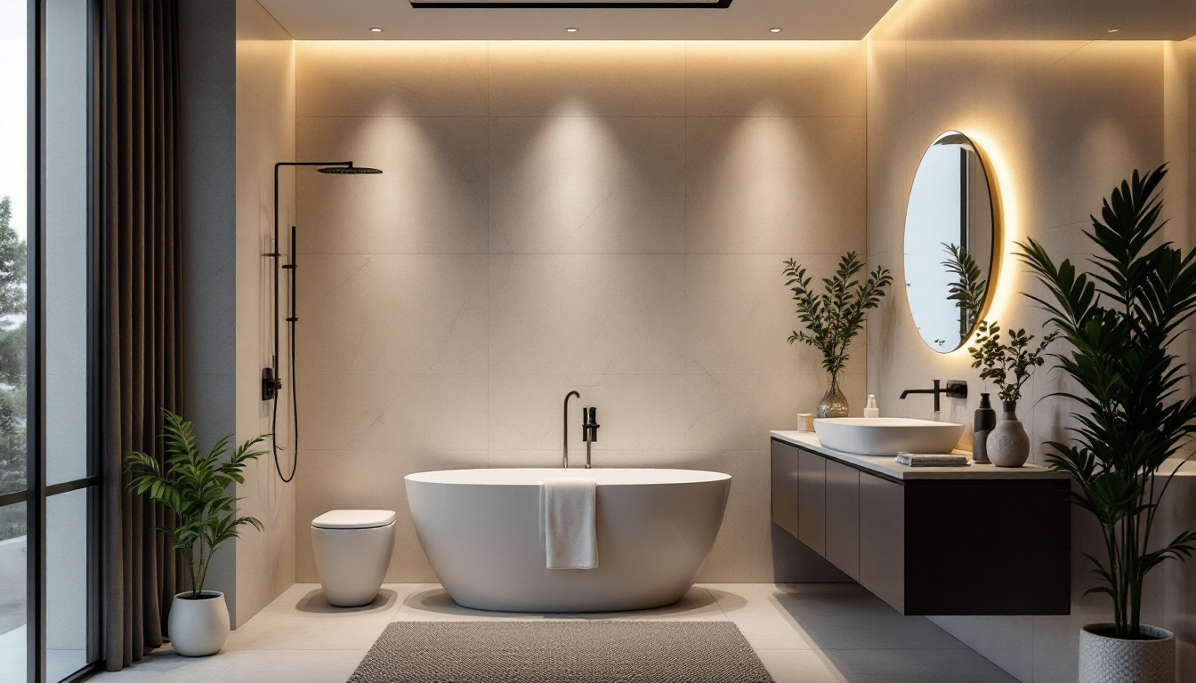 A photograph of a modern bathroom featuring stylish recessed lighting that highlights the space