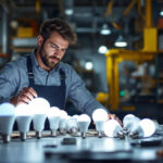 A photograph of a lighting contractor examining a variety of led light bulbs in a well-lit workspace
