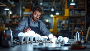 A photograph of a lighting contractor examining a variety of led light bulbs in a well-lit workspace